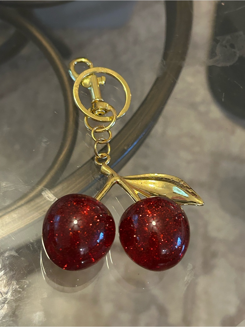 Gold-Tone Cherry Pendant Keychain with Red Glitter Cherries